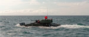 The General Dynamics Land Systems ARV-30mm prototype undergoes ocean swim testing in January 2026 at Camp Pendleton, Calif.