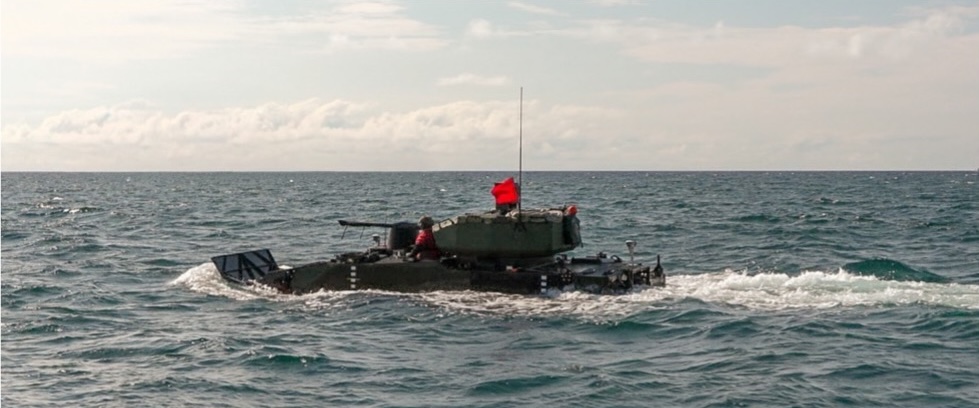 The General Dynamics Land Systems ARV-30mm prototype undergoes ocean swim testing in January 2026 at Camp Pendleton, Calif.